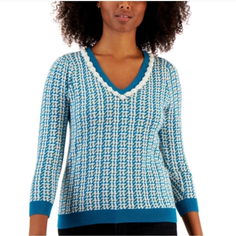 Charter Club Teal v-neck pearl Sweater NWT